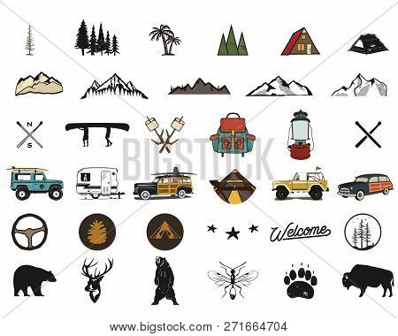 Vintage Hand Drawn Adventure Symbols, Hiking, Camping Shapes Of Backpack, Wild Animals, Canoe, Surf 