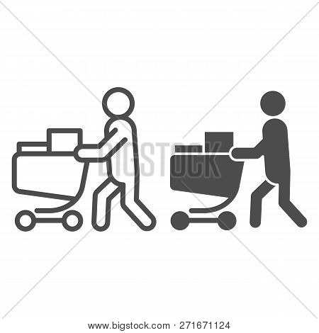 Buyer With Full Cart Line And Glyph Icon. Person With A Full Grocery Cart Vector Illustration Isolat