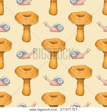 Seamless Pattern With Saffron Milk Cap And Snails On Beige Background