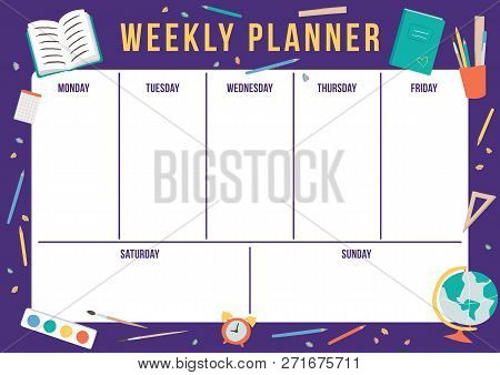 Cute Weekly Planner With Hand Drawn School Elements. Template With Place For Notes. Vector Illustrat
