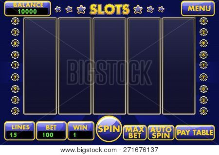Vector Interface Slot Machine In Blue Colored. Complete Menu Of Graphical User Interface And Full Se