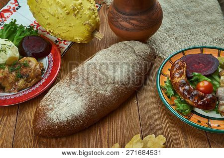 Rugbrod, Danish Style Rye Bread, Danish Homemade Cuisine, Traditional Assorted Dishes, Top View.