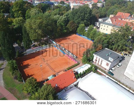 Koszalin, Poland - 13 September 2018 - Aerial view on Baltyk Club tennis court in Koszalin city, Andersa street area.
