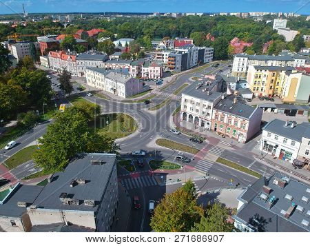 Koszalin, Poland - 13 September 2018 - Aerial view on Zwyciestwa and Stawisinskiego street roundabout, tenement house area.