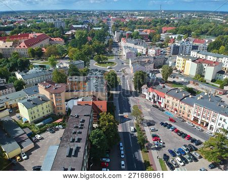 Koszalin, Poland - 13 September 2018 - Aerial view on Zwyciestwa and Stawisinskiego street roundabout, tenement house area.