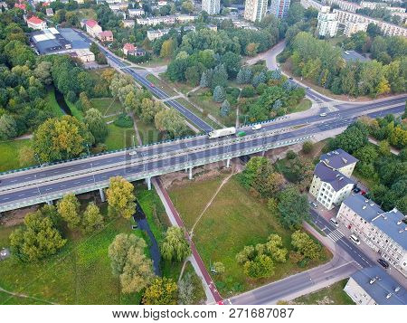 Koszalin, Poland - 13 September 2018 - Aerial view on Monte Cassion bridge over Dzierzecinka river