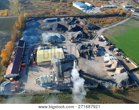 Koszalin, Poland - 13 September 2018 - Aerial view on industrial production of aggregate of many kinds for road building purpose