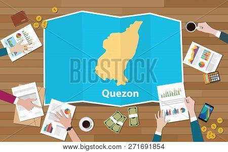 Quezon Philippines Province City Region Economy Growth With Team Discuss On Fold Maps View From Top 
