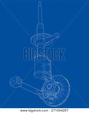 Car Dampers With Brake Disc Outline. Wire-frame Style. 3d Illustration