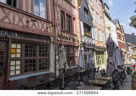 Rouen, France - August 15, 2018: Street Cafe And Old Houses In The Tourist Center Of Rouen, Built In