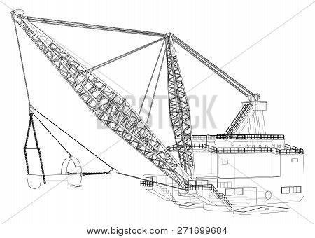 Dragline Walking Excavator. 3d Illustration. Wire-frame Style