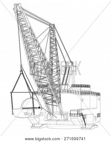 Dragline Walking Excavator. 3d Illustration. Wire-frame Style