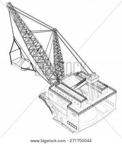 Dragline Walking Excavator. 3d Illustration. Wire-frame Style