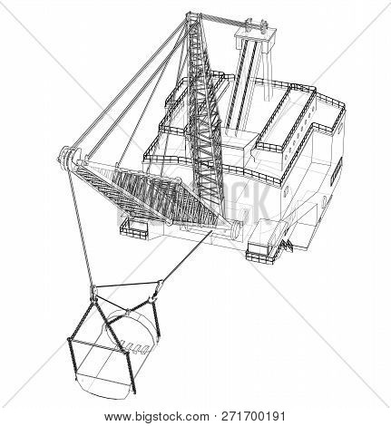 Dragline Walking Excavator. 3d Illustration. Wire-frame Style