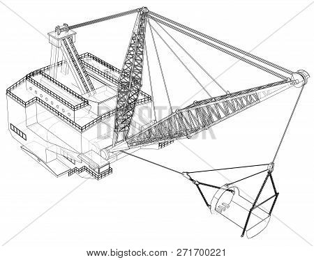 Dragline Walking Excavator. 3d Illustration. Wire-frame Style