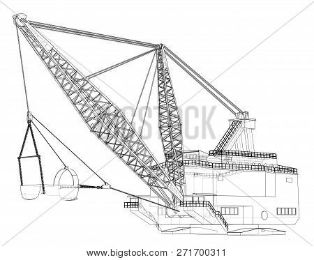 Dragline Walking Excavator. 3d Illustration. Wire-frame Style