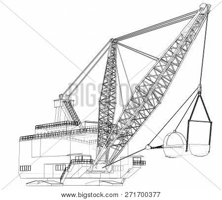 Dragline Walking Excavator. 3d Illustration. Wire-frame Style