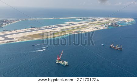 Seaplane Fly Over Airport In Maldives, New Airport Build And Construction.