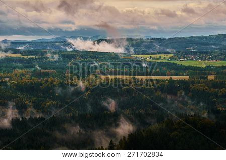 Foggy Landscape. Misty Foggy Morning With Sunrise In A Valley Of Bohemian Switzerland Park. Detail O