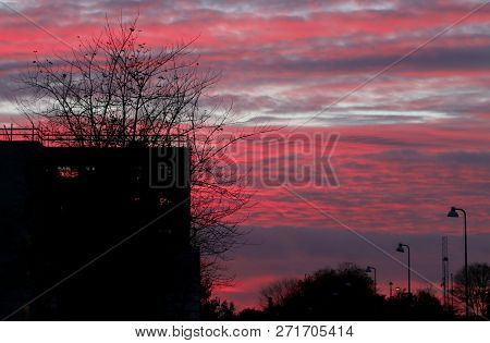Dramatic Sunset Near Suburban Area In Copenhagen Denmark
