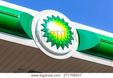 Moscow, Russia - August 17, 2017: Bp - British Petroleum Petrol Station Logo Over Blue Sky. British 