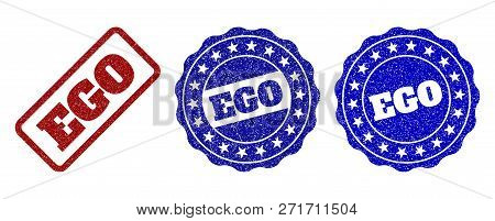 Ego Grunge Stamp Seals In Red And Blue Colors. Vector Ego Signs With Grunge Texture. Graphic Element