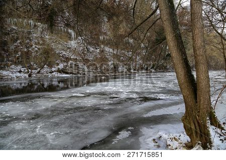 Jagst Germany In The Winter. Frozen River