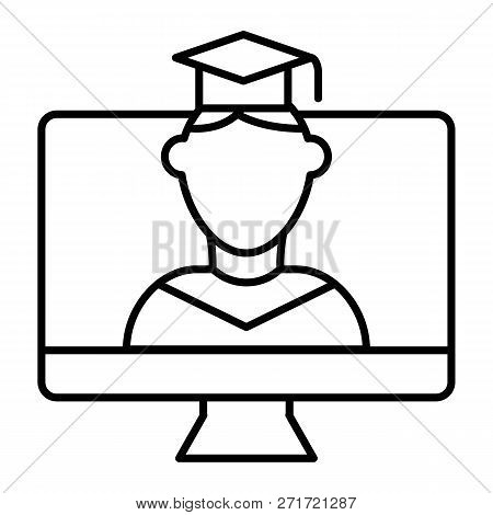 Online Educationa Thin Line Icon. Student On Monitor Vector Illustration Isolated On White. E-learni