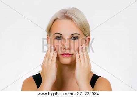 Face Exercise For Women Tapdance, Woman Press Against Face Gently Using The Palms Of Hands