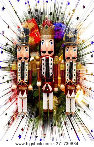 A Nut-cracker Soldier With Two Drummers On Each Side. A Burst Of Blue, Red, Yellow Star Rays, Shooti