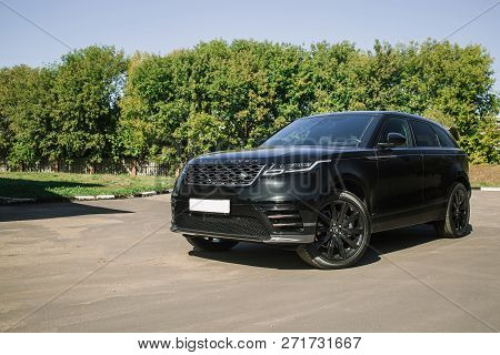 Moscow. Autumn 2018. The Land Rover Range Rover Velar In Black Color Compact Luxury Crossover Suv In