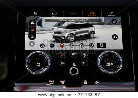 Moscow. Autumn 2018. Interior Of The Land Rover Range Rover Velar In Black Color Compact Luxury Cros