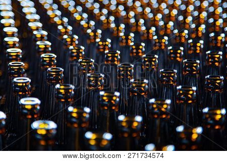Glass Bottle Texture. Glass Bottle At Factory For Production Of Glass Containers. Many Of Transparen