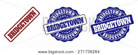 Bridgetown Grunge Stamp Seals In Red And Blue Colors. Vector Bridgetown Imprints With Grunge Effect.