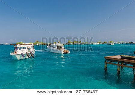 Hulhule Island, Maldives - November 18, 2017: Speed Boat At The Hulhule Port Near Ibrahim Nasir Inte