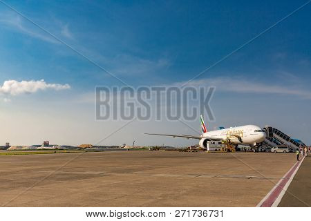 Male, Maldives - May 02, 2018: Boeing 777-300 A6-ebm Of Emirates Airlines At Velana International Ai