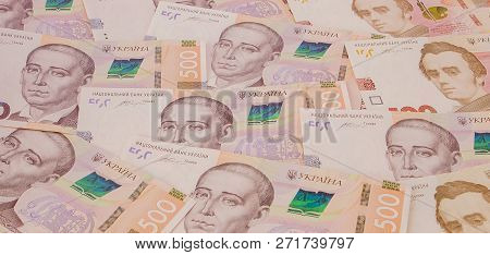 Background With New Banknotes Ukrainian Hryvnia. Inflation, Business. Econimics And Finance Theme