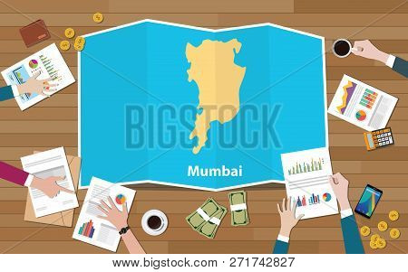 Mumbai Bombay India City Region Economy Growth With Team Discuss On Fold Maps View From Top Vector I