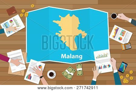 Malang Indonesia Java City Region Economy Growth With Team Discuss On Fold Maps View From Top Vector