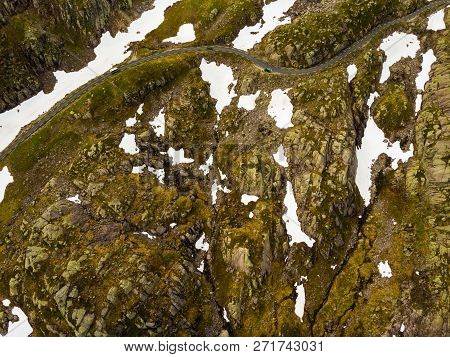Aerial View. Norway Landscape. Road With Camper Cars In Stony Rocks Mountains. Norwegian National To