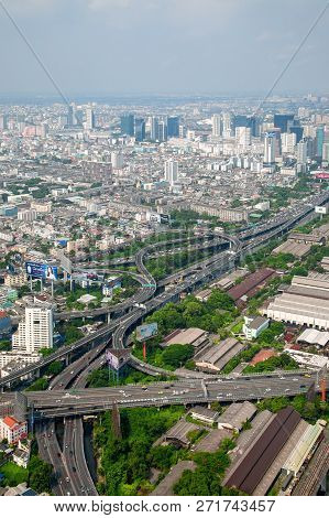 Bankgkok, Thailand - May 10 2018: Aerial View On The Highway Road From Bayok Sky Hotel In Sunny Day