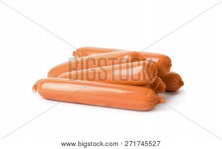 Encased Sausages On White Background. Meat Product