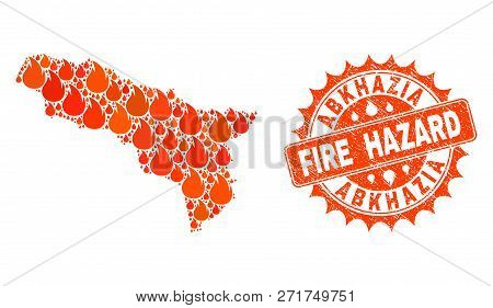 Fire Hazard Collage Of Map Of Abkhazia Burning And Textured Stamp Seal. Map Of Abkhazia Vector Colla