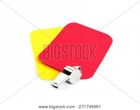 Whistle, Red And Yellow Cards On White Background. Football Rules