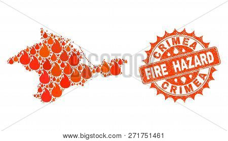 Fire Hazard Collage Of Map Of Crimea Burning And Grunge Stamp Seal. Map Of Crimea Vector Collage For