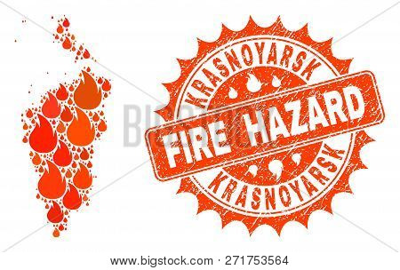 Fire Hazard Composition Of Map Of Krasnoyarskiy Kray Burning And Rubber Stamp. Map Of Krasnoyarskiy 
