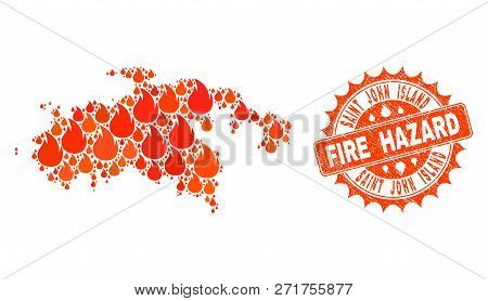 Fire Hazard Collage Of Map Of Saint John Island Burning And Rubber Seal. Map Of Saint John Island Ve