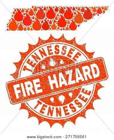 Fire Hazard Collage Of Map Of Tennessee State Burning And Unclean Stamp. Map Of Tennessee State Vect