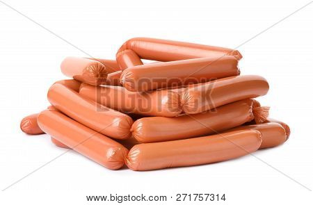 Encased Sausages On White Background. Meat Product