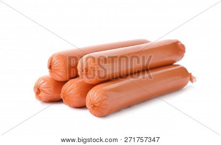 Encased Sausages On White Background. Meat Product